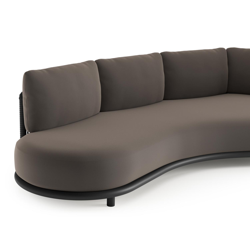 Lomano loungebank in zwart aluminium en zwart verticaal geweven luxe vlakke rope met natte nature grey all weather sunbrella® luxe kussen