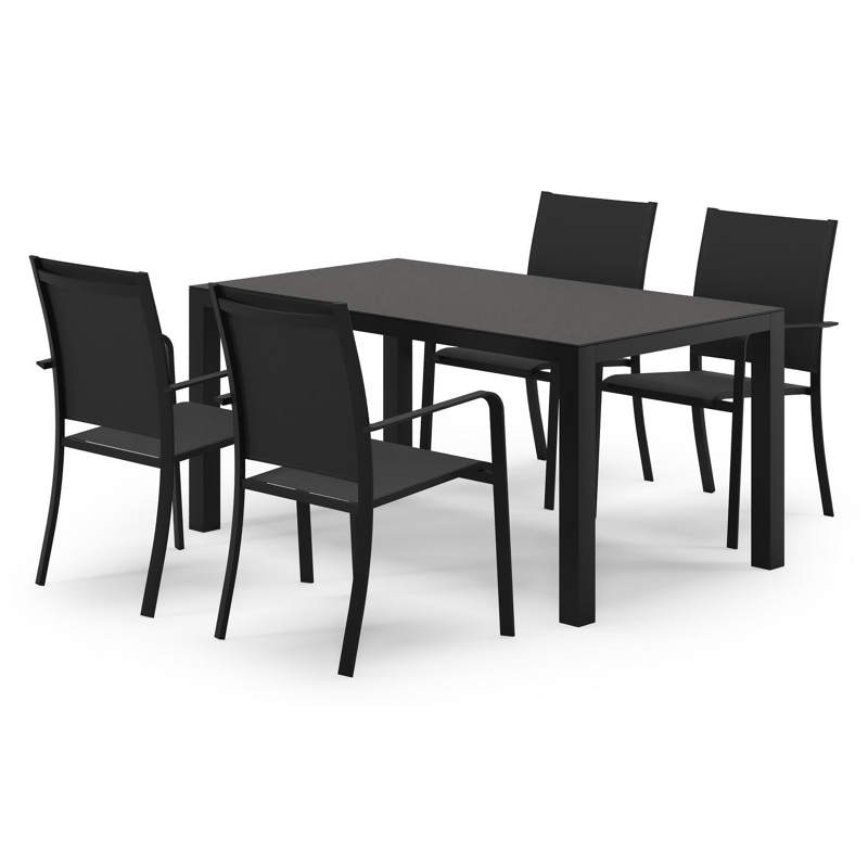 Varese rechthoekige tuinset in zwart aluminium en sintered stone notte minerale met 4 Calobra tuinstoelen