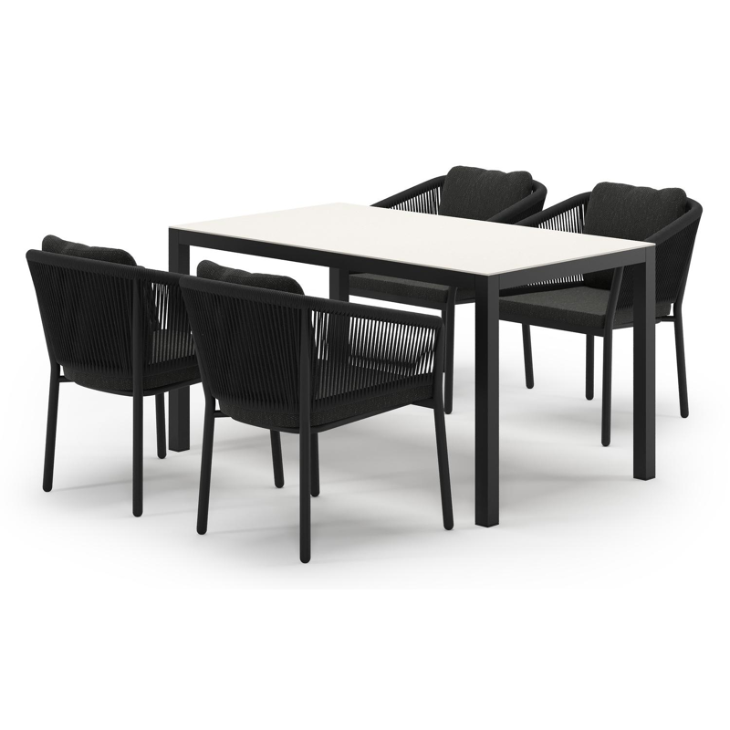 Feltro tuinset in zwart aluminium en crema minerale sintered stone met 4 Gerona tuinstoelen