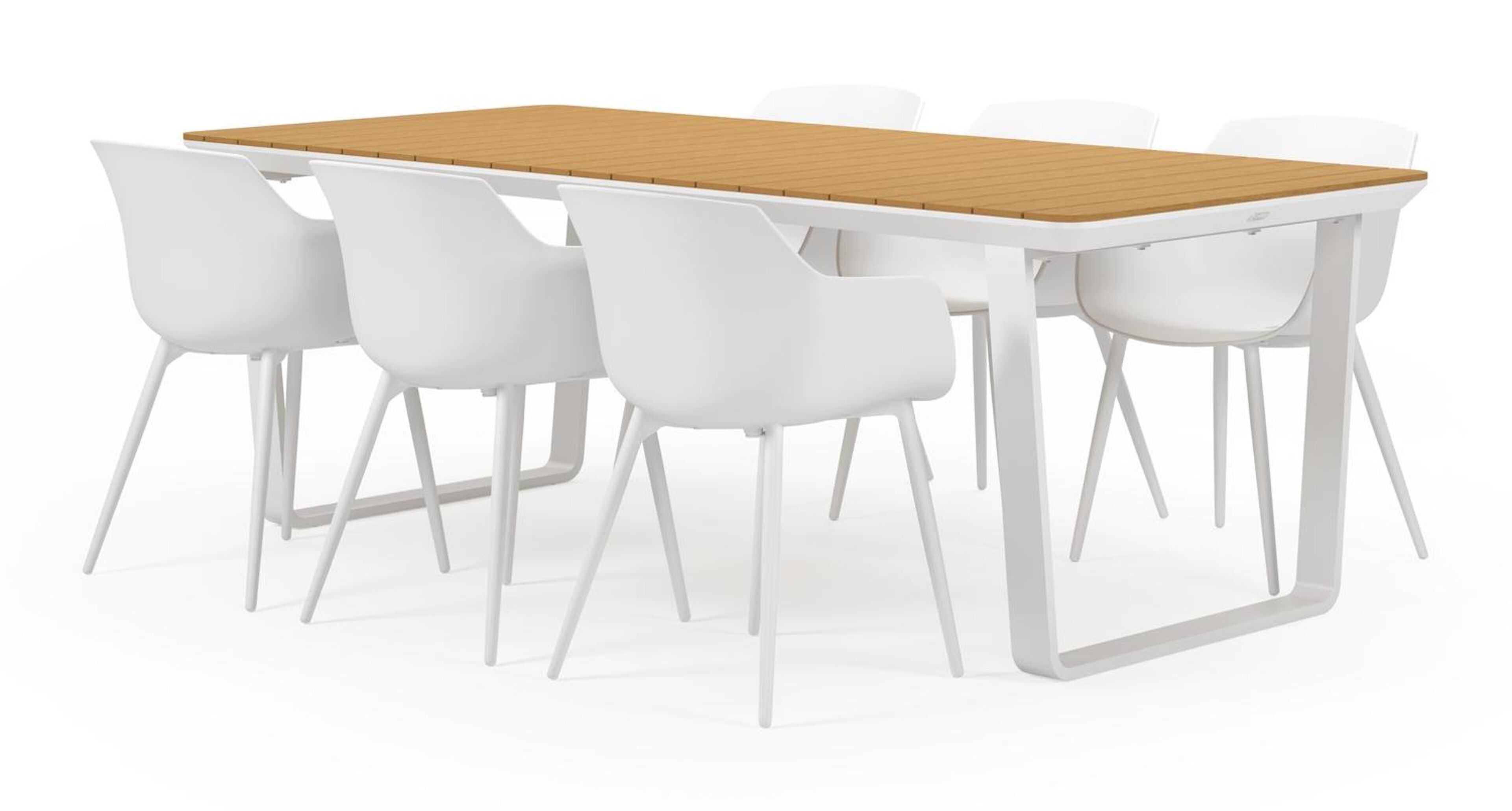 Ensemble de jardin Alora en aluminium blanc avec plateau de table en polywood et 6 chaises de jardin Paco