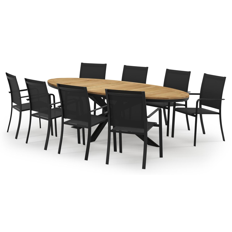Pamplona ovale tuinset in zwart aluminium en teak natural finish met 8 Calobra tuinstoelen