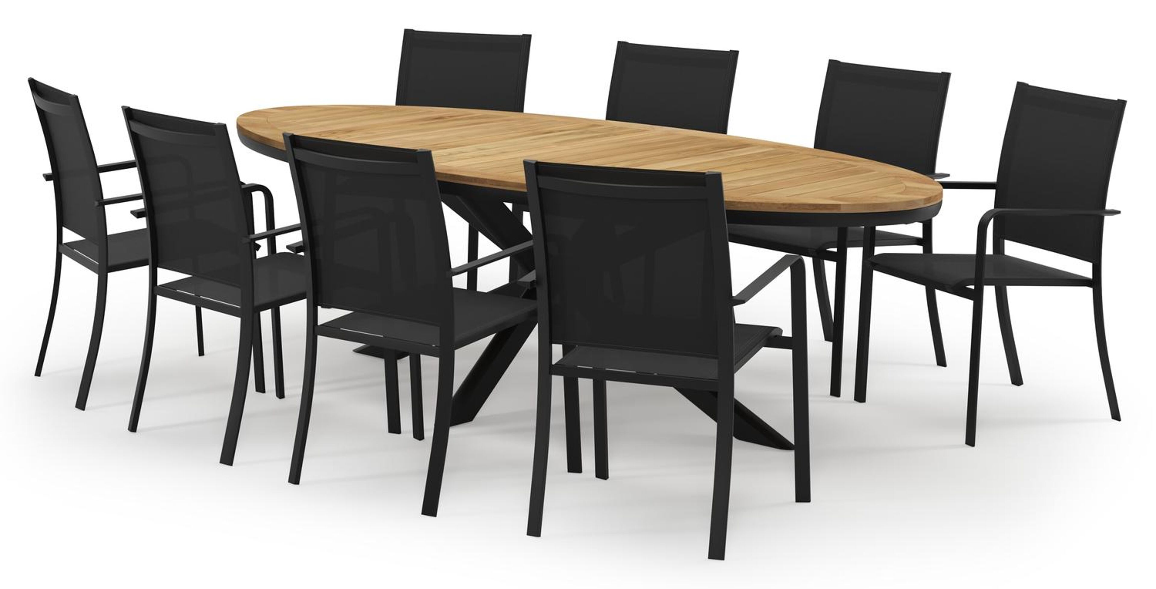 Pamplona ovale tuinset in zwart aluminium en teak natural finish met 8 Calobra tuinstoelen