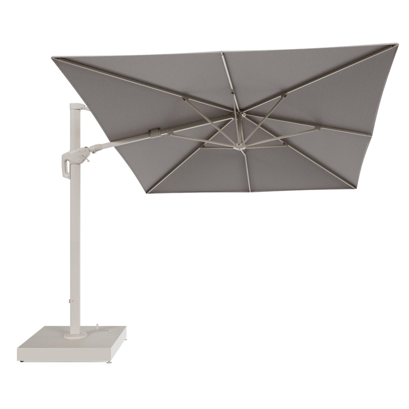 Minore zweefparasol met tiltfunctie in beige aluminium en Wander Granite All Weather Sunbrella® Luxe parasoldoek - L1 400 x L2 300 cm met parasolvoet Minore 260 kg met wielen