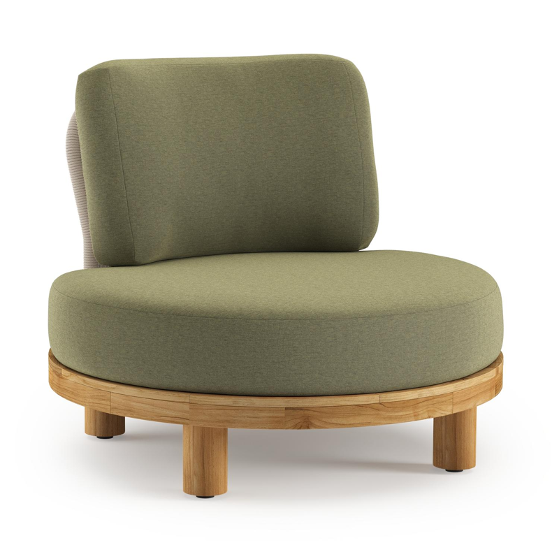 Donato loungestoel in teak en beige verticaal geweven ronde rope met all weather sunbrella® luxe Heritage Leaf kussen