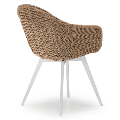 Pagino tuinstoel in wit aluminium en naturel ronde wicker met zitkussen in All Weather Sunbrella® Luxe Tundra Sand