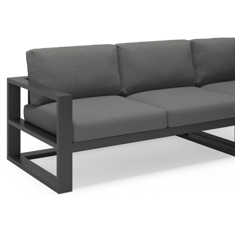 Verato loungehoek in zwart aluminium met deauville black all weather sunbrella® luxe kussens