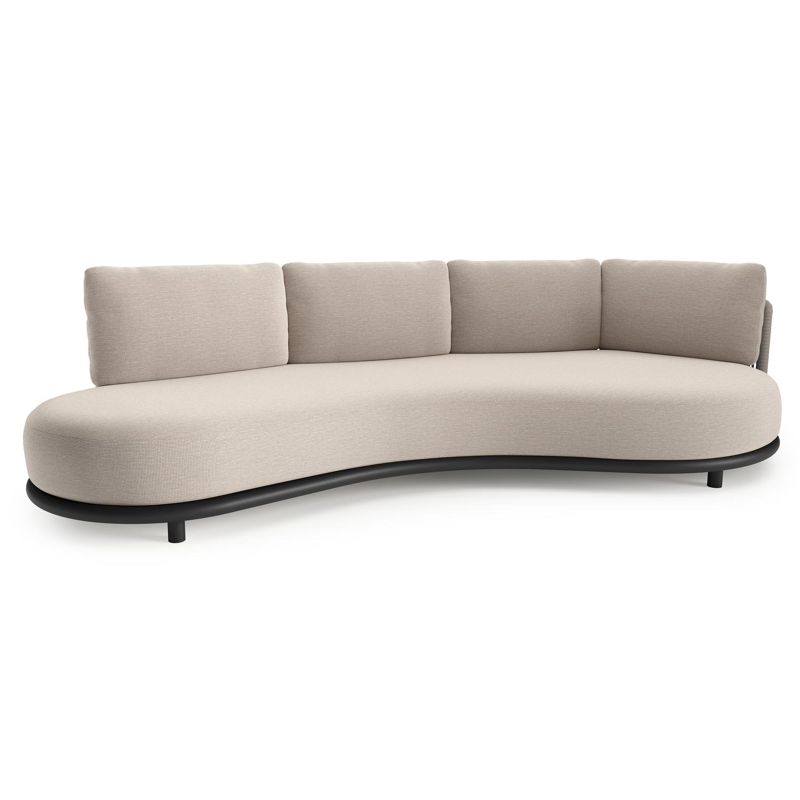 Canapé de jardin Lomano en aluminium noir et corde luxe plate tissée verticalement beige et coussins en all weather sunbrella® luxe slow farafra