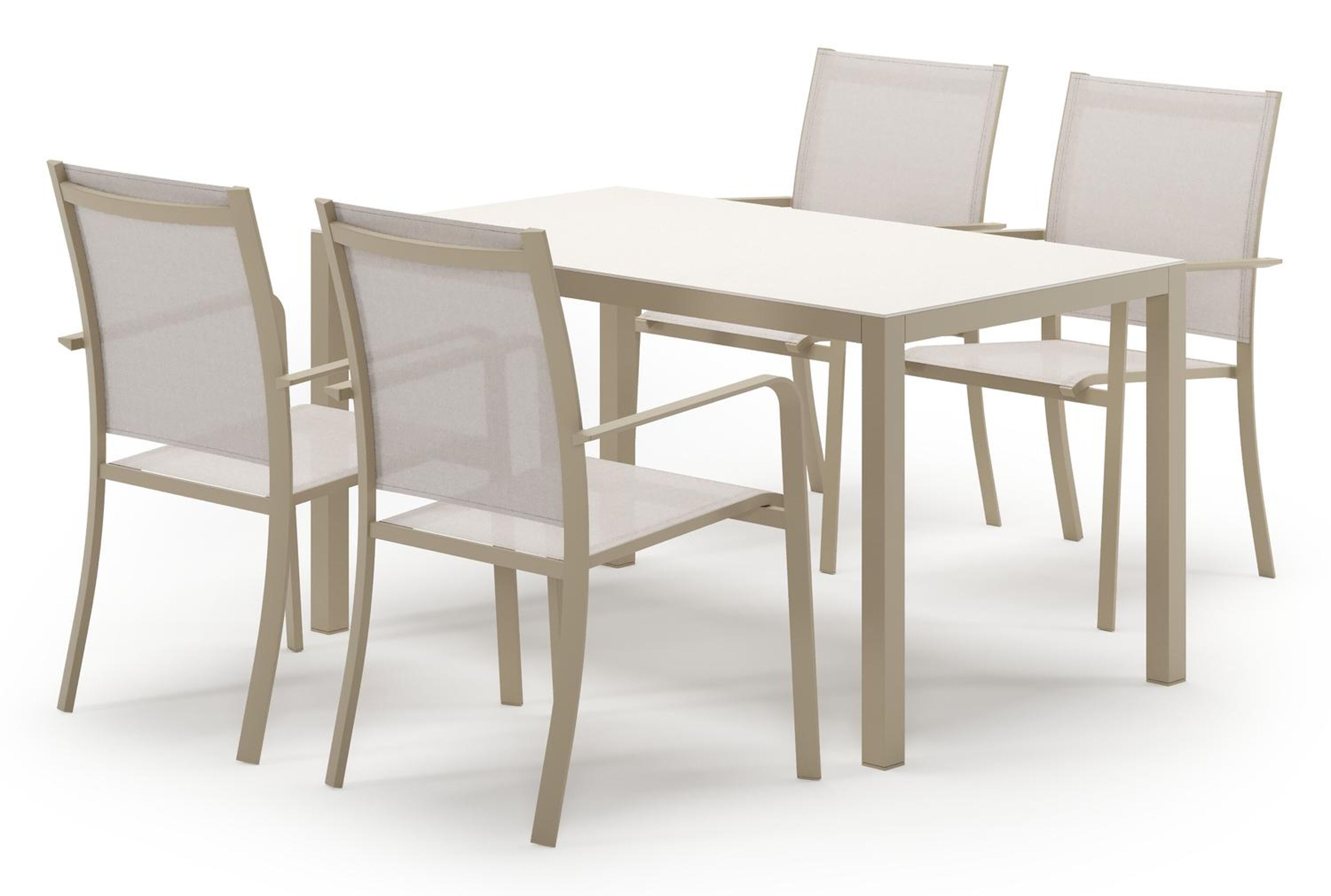 Feltro tuinset in beige aluminium en crema minerale sintered stone met 4 stapelbare Calobra tuinstoelen