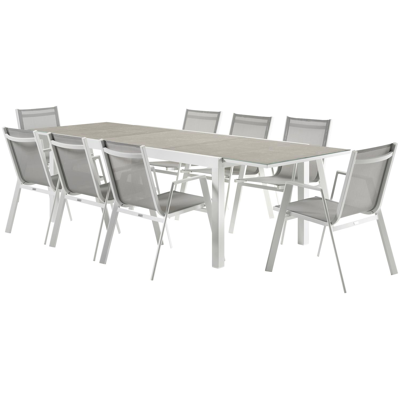 Oviedo tuinset met verlengbare tafel in wit aluminium en grijs keramische print tafelblad met 8 stapelbare Oviedo tuinstoelen