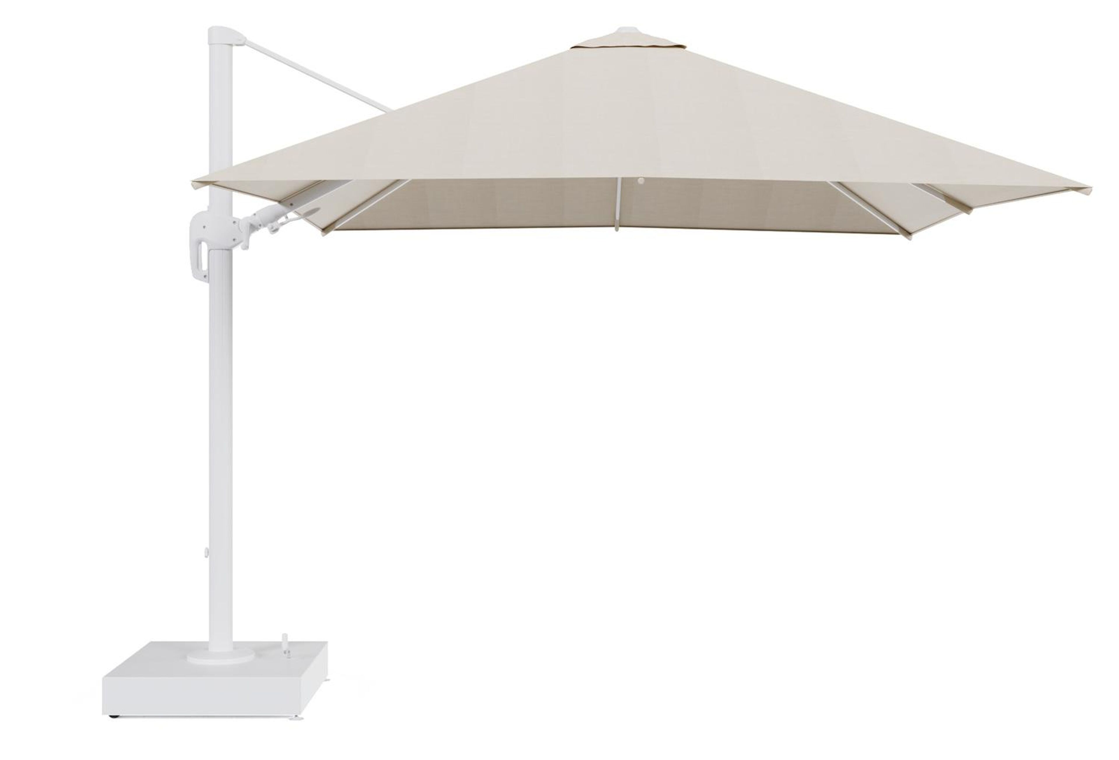 Rufina zweefparasol met tiltfunctie in wit aluminium en beige All Weather Sunbrella® Premium parasoldoek - L1 300 x L2 300 cm met parasolvoet Minore 150 kg met wielen