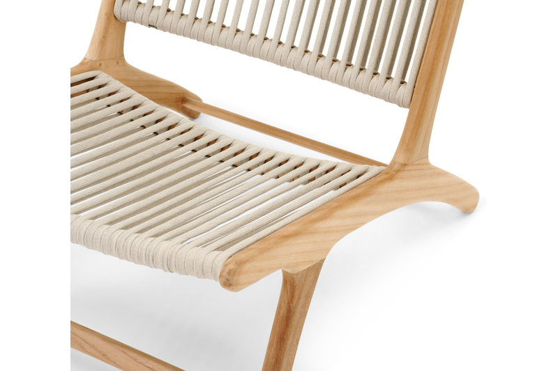 Cosito loungestoel 1-zit in teak en beige verticaal geweven luxe vlakke rope