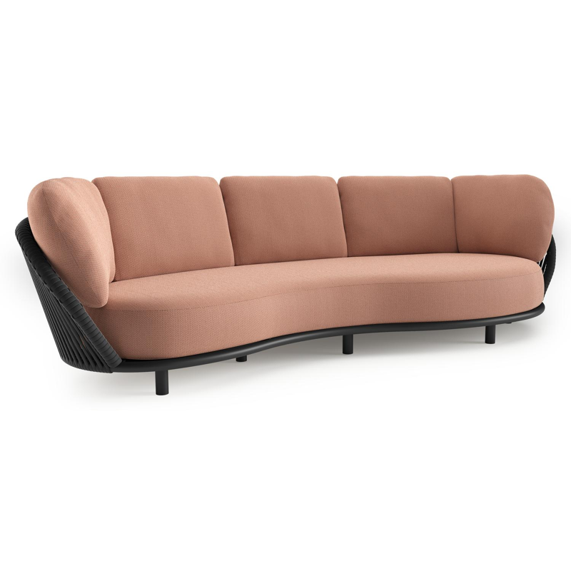 Lupino loungebank in zwart aluminium en zwart verticaal geweven luxe vlakke brede rope met lopi fawn all weather sunbrella® luxe kussen