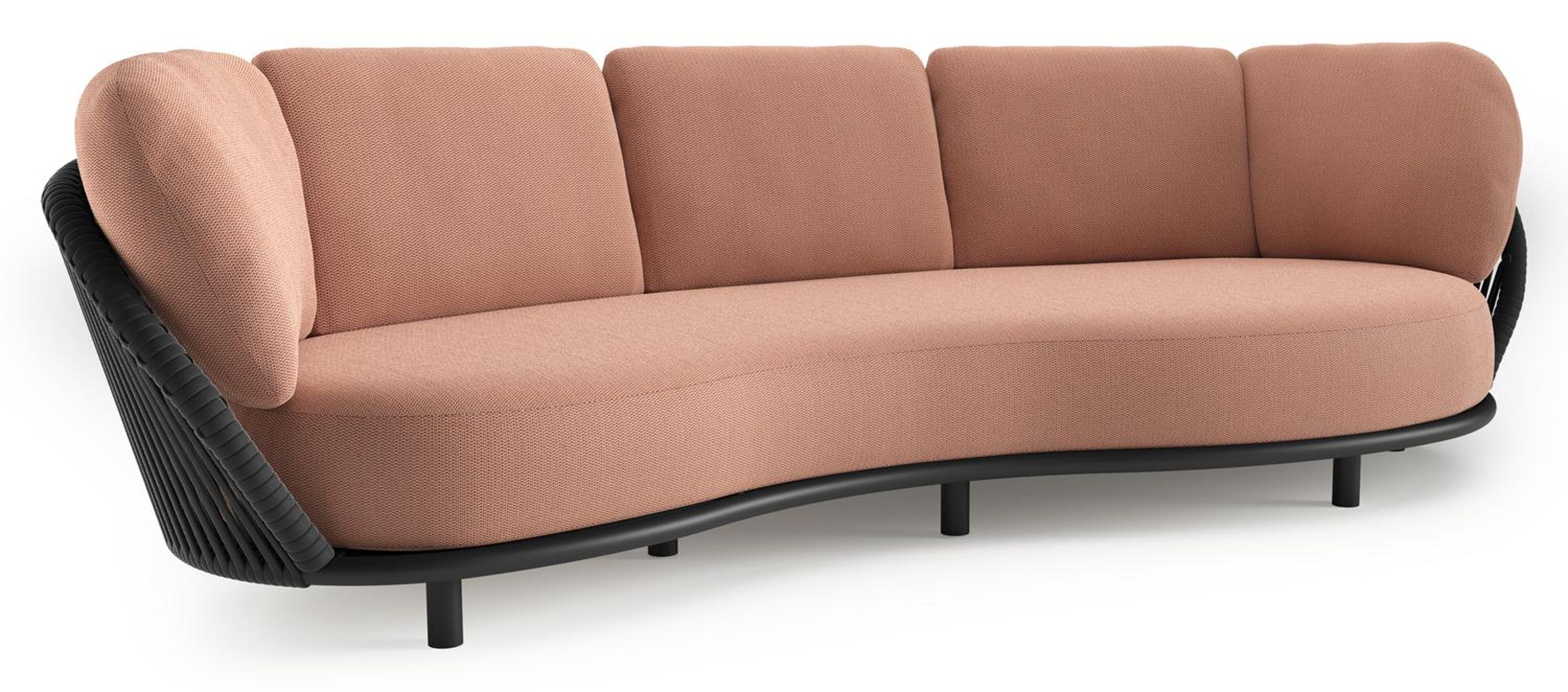 Lupino loungebank in zwart aluminium en zwart verticaal geweven luxe vlakke brede rope met lopi fawn all weather sunbrella® luxe kussen