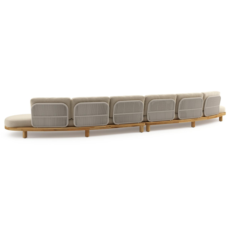 Donato loungebank in teak en beige verticaal geweven ronde rope met all weather cosytica Althea Camel kussen