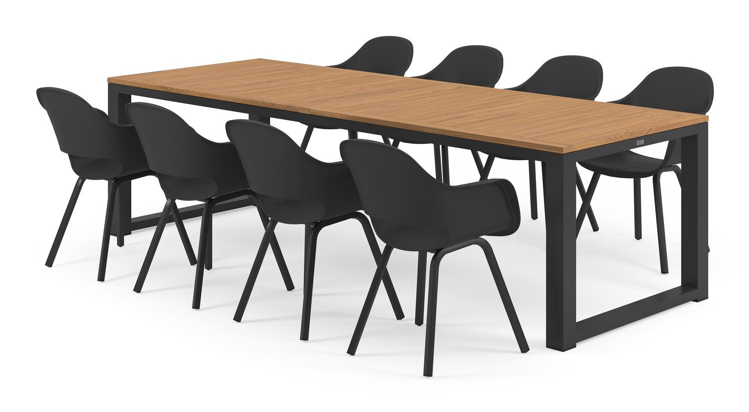Ensemble de jardin Livo en aluminium noir avec plateau de table en teck naturel et 8 chaises de jardin Artena