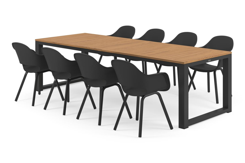 Livo tuinset in zwart aluminium en naturel teak tafelblad met 8 Artena tuinstoelen