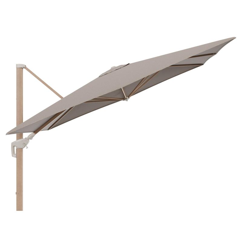Minore zweefparasol met tiltfunctie in houtlook aluminium en Firenze Earth All Weather Solica parasoldoek - L1 280 x L2 370 cm (zonder voet)