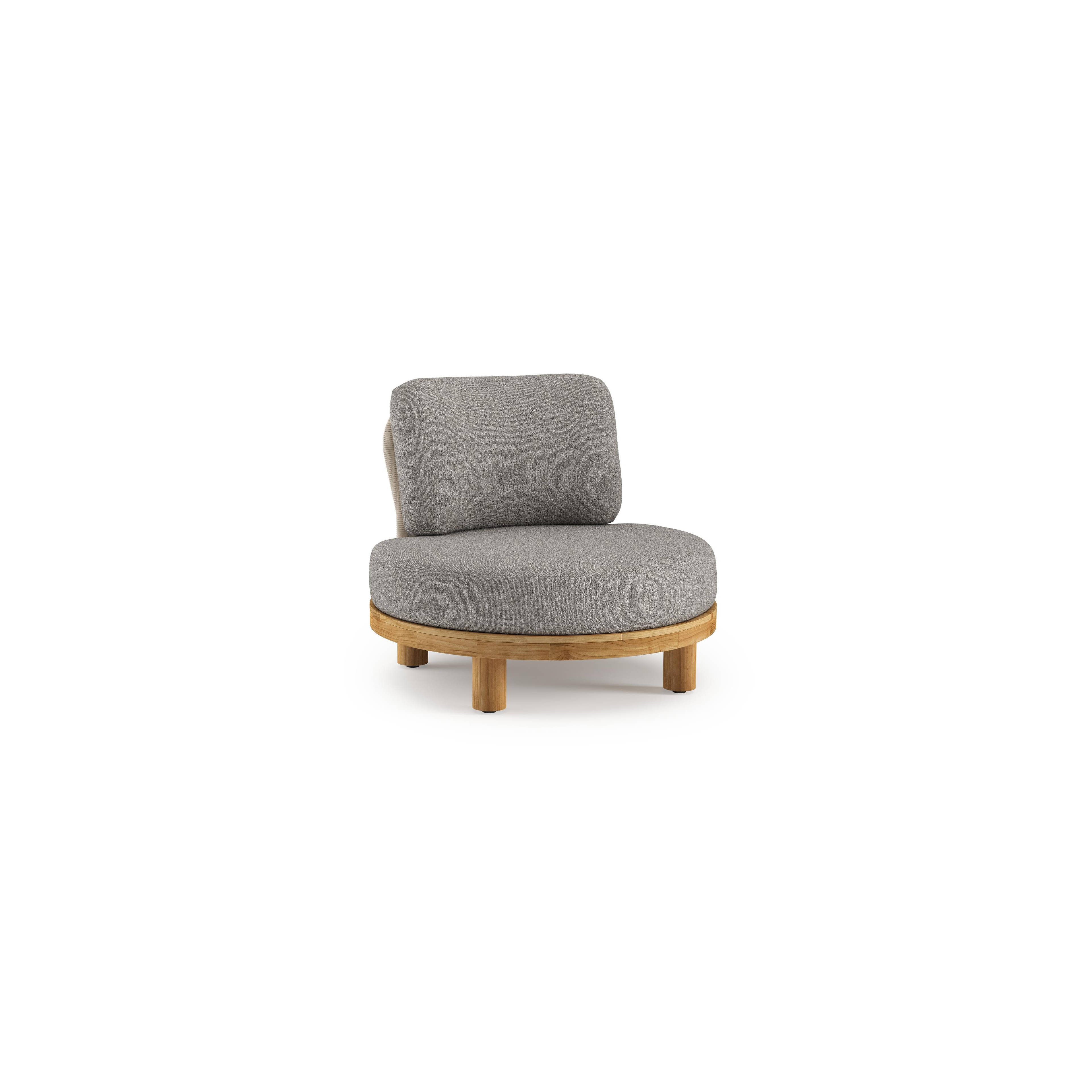 Donato loungestoel in teak en beige verticaal geweven ronde rope met all weather sunbrella® luxe Tundra Charcoal kussen