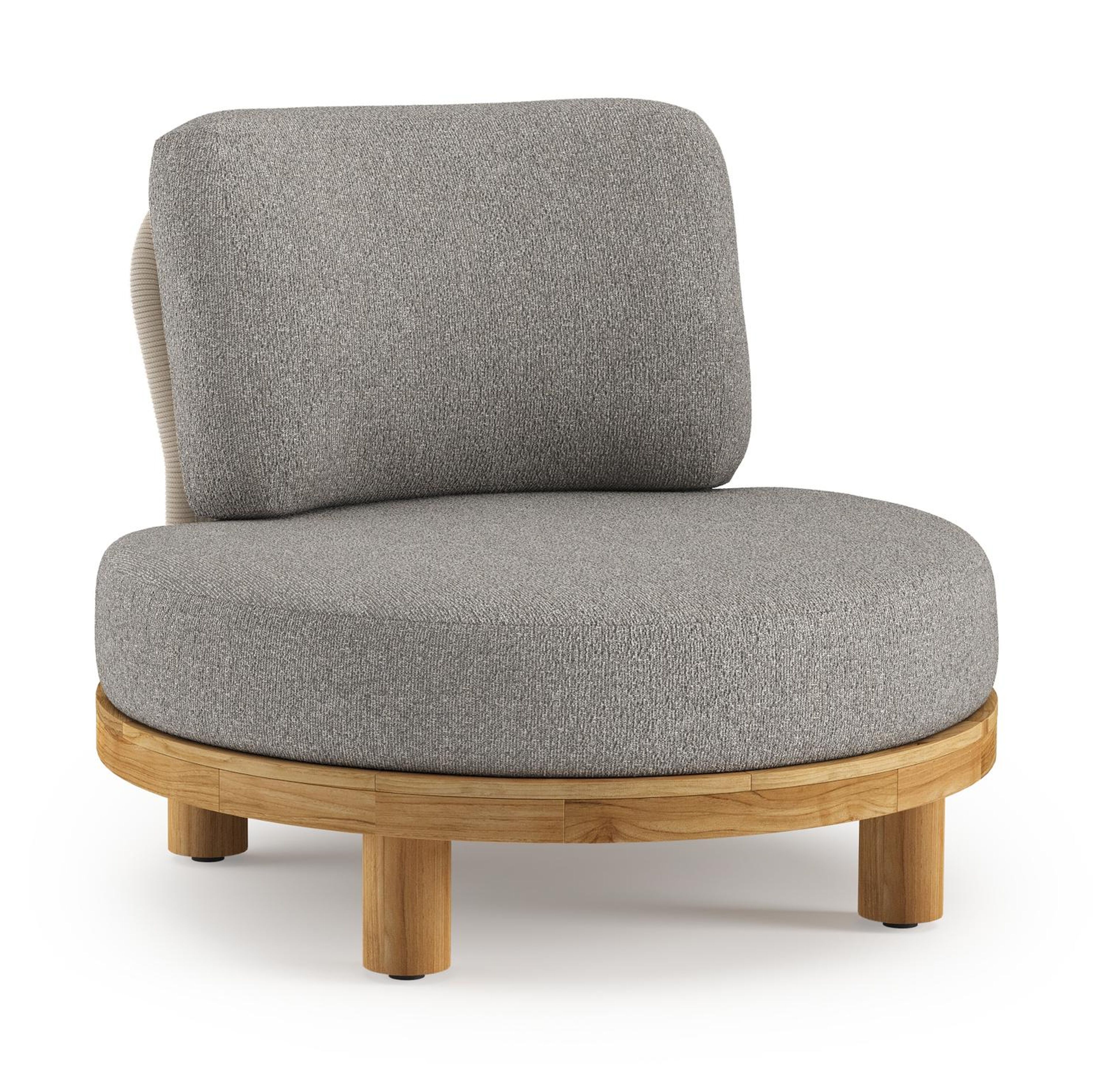 Donato loungestoel in teak en beige verticaal geweven ronde rope met all weather sunbrella® luxe Tundra Charcoal kussen