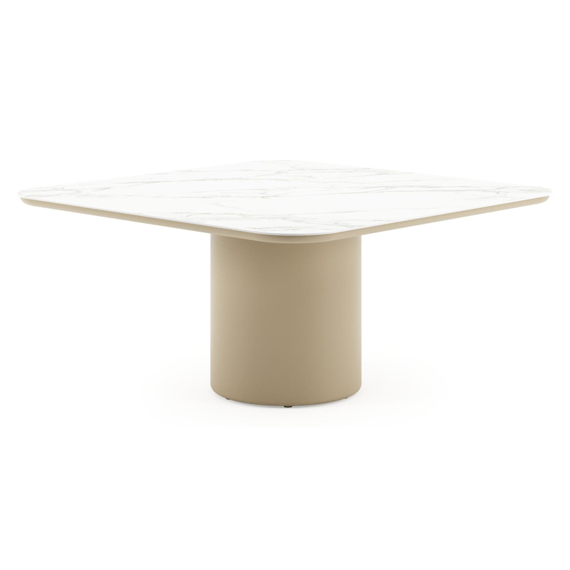 Table de jardin Amico carré arrondi en aluminium beige et céramique pleine Calacatta - Lg. 148 x Lrg. 148 x Haut. 74 cm