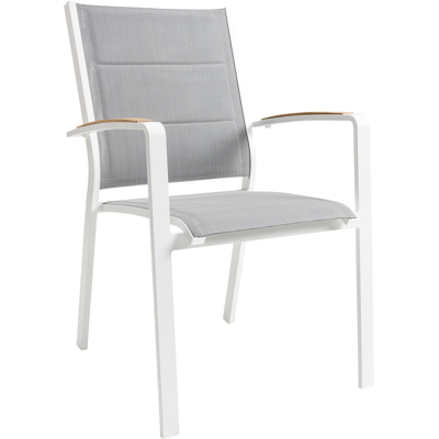 Lioni stapelbare tuinstoel in wit aluminium en grijs comfort textilene en teak armleuning