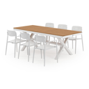 Reza tuinset in wit aluminium en natural finish teak tafelblad met 6 stapelbare Cosa tuinstoelen