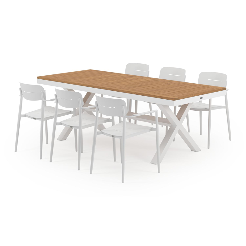 Reza tuinset in wit aluminium en natural finish teak tafelblad met 6 stapelbare Cosa tuinstoelen