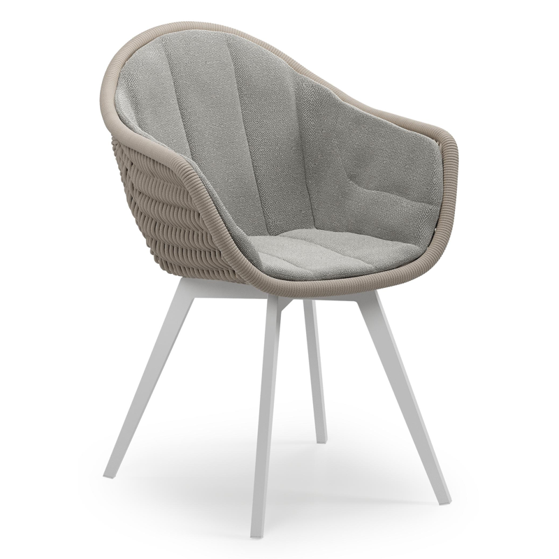 Pagino tuinstoel in wit aluminium en beige verticaal geweven ronde rope met zitkussen in All Weather Sunbrella® Luxe Savane Zinc