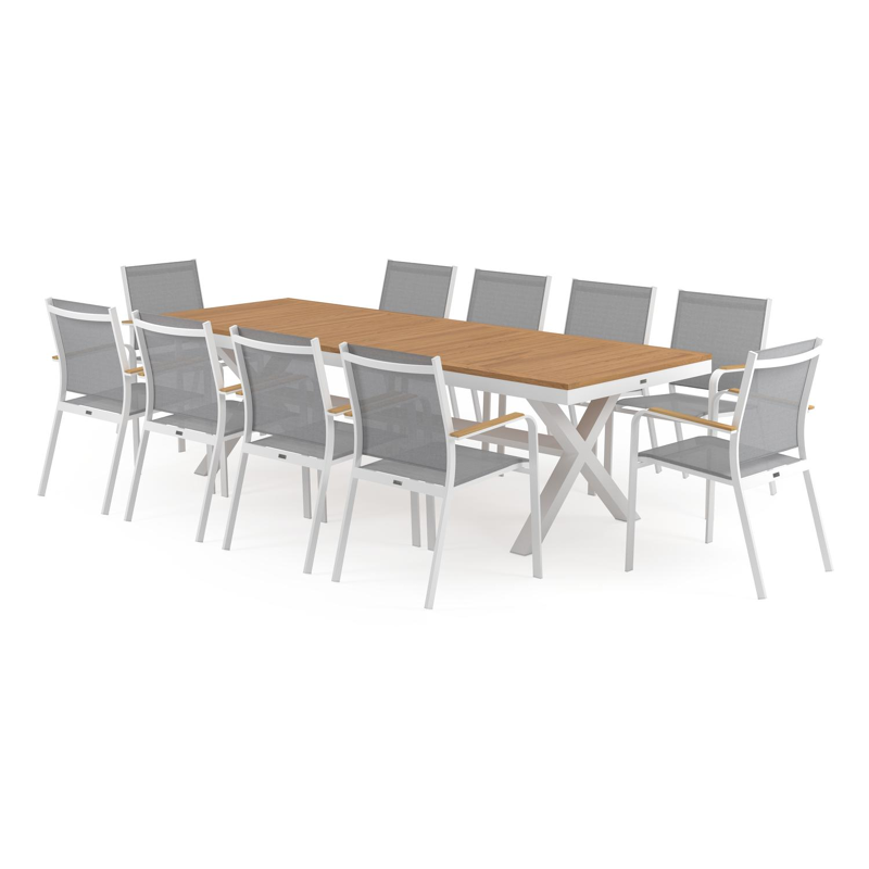 Reza tuinset in wit aluminium en teak tafelblad met 10 stapelbare Amalfi tuinstoelen