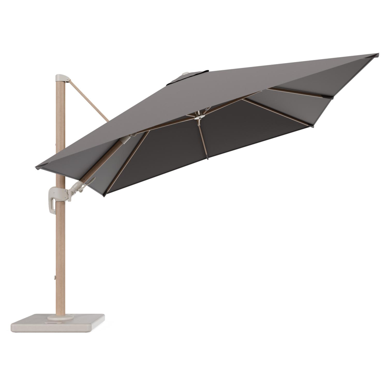 Rufina zweefparasol tiltfunctie in houtlook aluminium en parasoldoek in All Weather Sunbrella® Luxe Natte Nature Grey - L1 300 x L2 300 cm met parasolvoet Lapido 120 kg