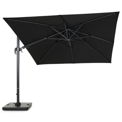 Avola zweefparasol met tiltfunctie in zwart aluminium met zwart all weather sunbrella® premium parasoldoek - L1: 300 x L2: 300 cm (met voet)