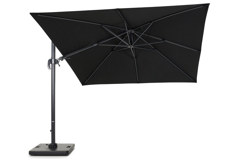 Avola zweefparasol met tiltfunctie in zwart aluminium met zwart all weather sunbrella® premium parasoldoek - L1: 300 x L2: 300 cm (met voet)
