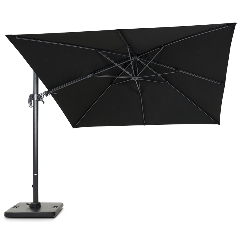 Avola zweefparasol met tiltfunctie in zwart aluminium met zwart all weather sunbrella® premium parasoldoek - L1: 300 x L2: 300 cm (met voet)