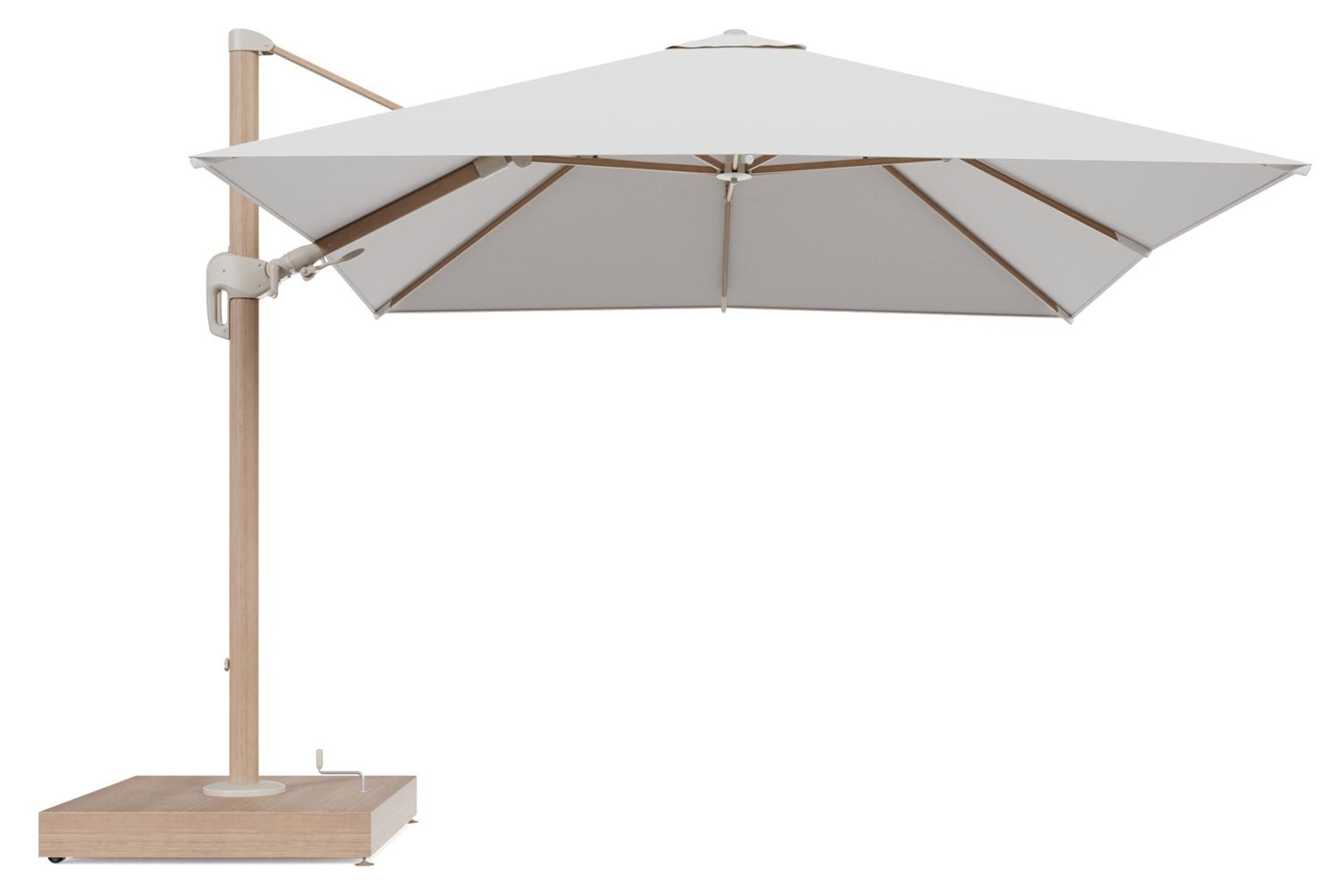 Rufina zweefparasol met tiltfunctie in houtlook aluminium en Soul Optik All Weather Solica parasoldoek - L1 300 x L2 300 cm met parasolvoet Minore 260 kg met wielen