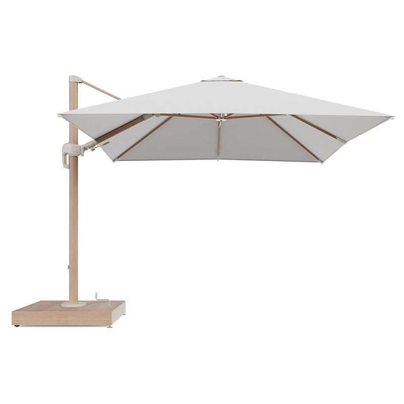 Rufina zweefparasol met tiltfunctie in houtlook aluminium en Soul Optik All Weather Solica parasoldoek - L1 300 x L2 300 cm met parasolvoet Minore 260 kg met wielen