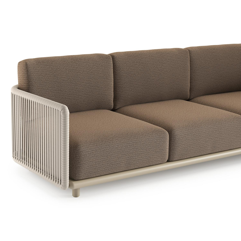Organo loungebank in beige aluminium en beige verticaal geweven luxe vlakke rope met firenze bamboe all weather Solica kussen