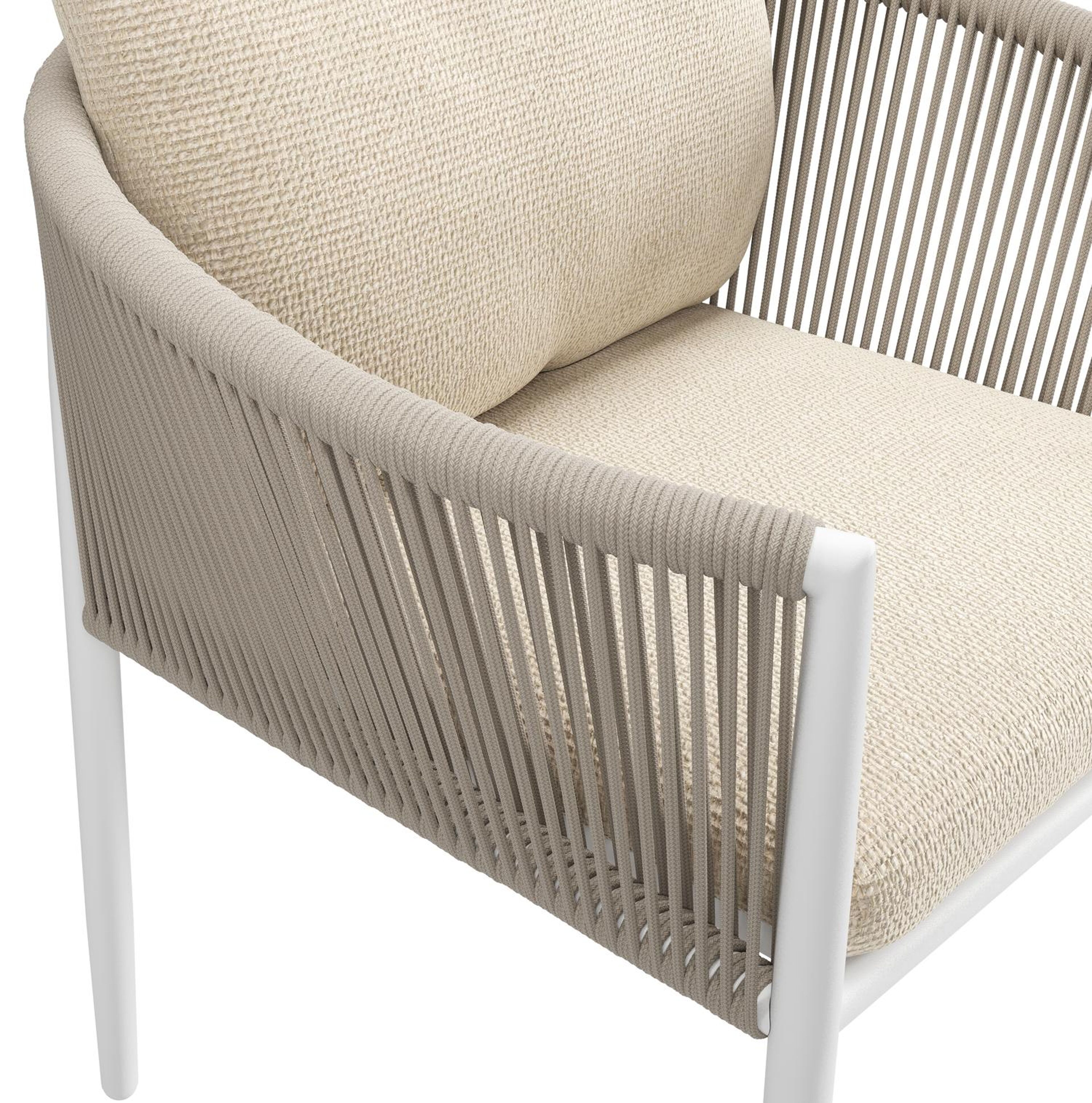 Chaise de jardin Organo en aluminium beige et corde ronde tissée verticalement beige avec coussin en All Weather Cosytica Althea Chalk