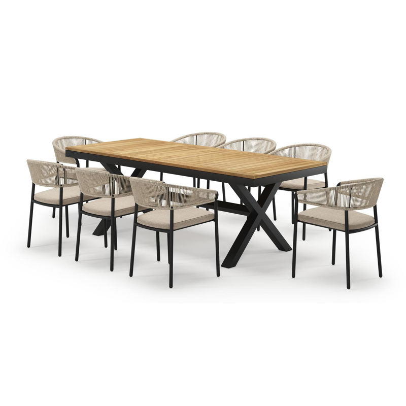 Reza rechthoekige tuinset in zwart aluminium en teak natural finish met 8 Zamora tuinstoelen