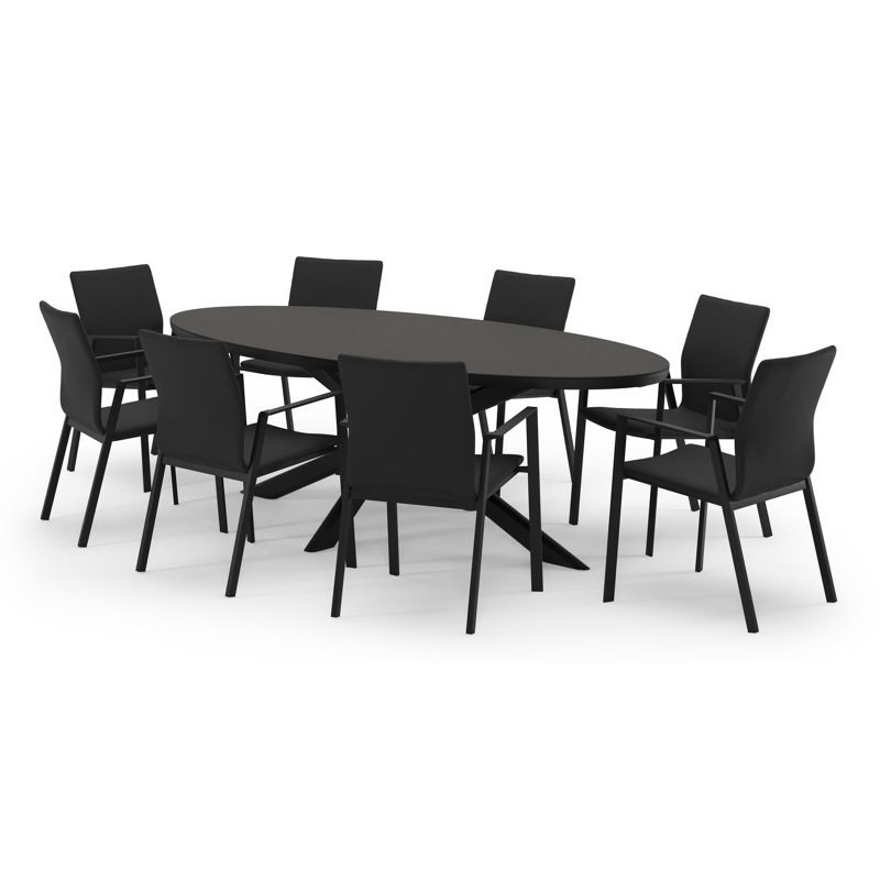Pamplona ovale tuinset in zwart aluminium en sintered stone notte minerale met 8 Madura tuinstoelen