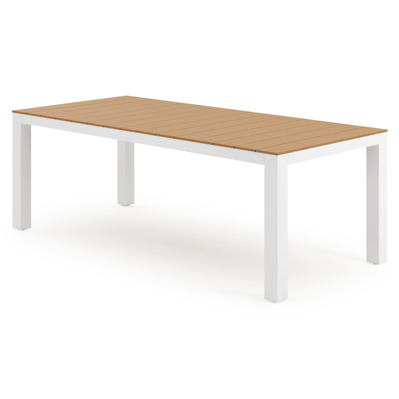 Ensemble de jardin Calzo en aluminium blanc avec plateau de table en polywood naturel et 8 chaises de jardin empilables Vigo