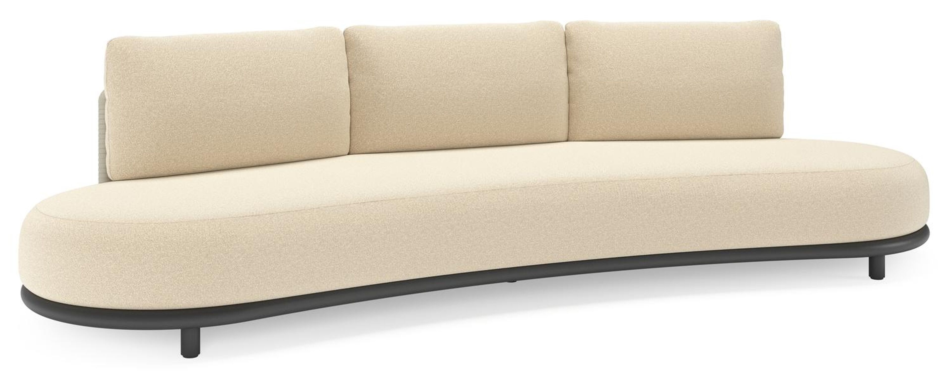 Canapé de jardin Lomano en aluminium noir et corde luxe plate tissée verticalement beige et coussins en all weather solica Soul Papyrus