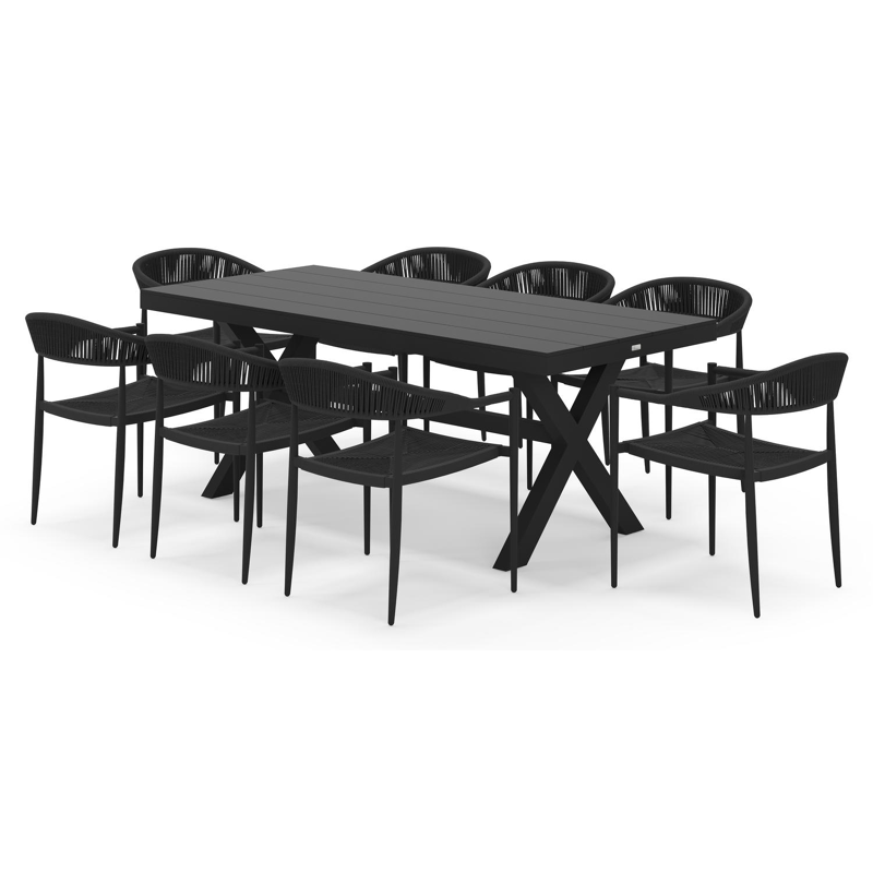 Bahia tuinset rechthoekig in zwart aluminium met 8 Guarda tuinstoelen