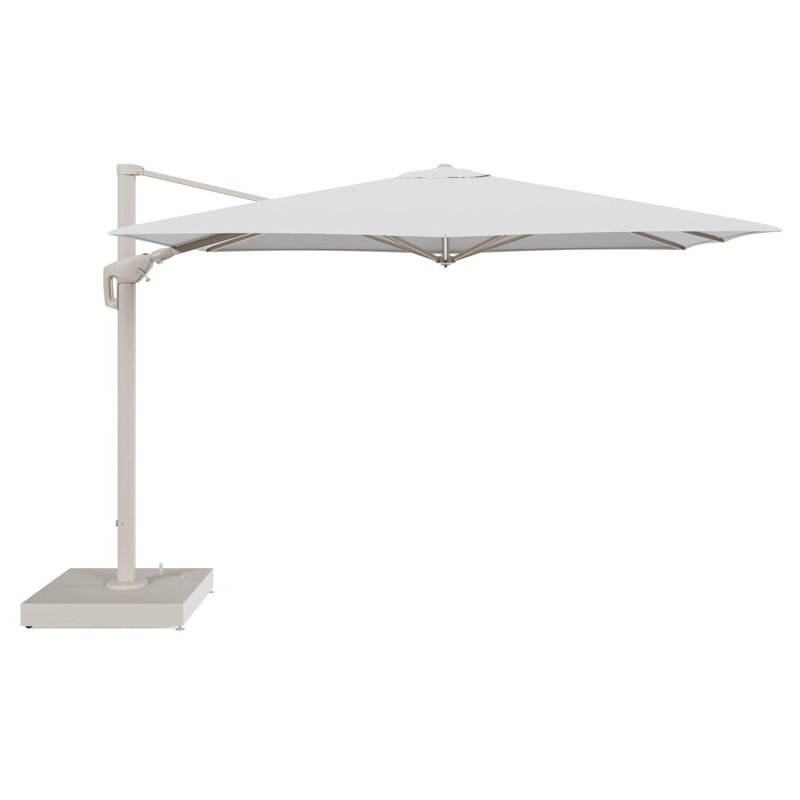 Minore zweefparasol met tiltfunctie in beige aluminium en Ego Birch All Weather Solica parasoldoek - L1 280 x L2 370 cm met parasolvoet Minore 260 kg met wielen