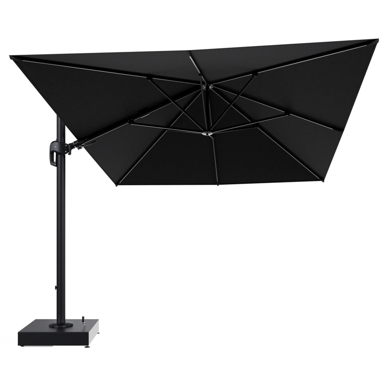 Rufina zweefparasol met tiltfunctie in zwart aluminium en Chartres Sooty All Weather Sunbrella® Luxe parasoldoek - L1 400 x L2 300 cm met parasolvoet Minore 150 kg met wielen