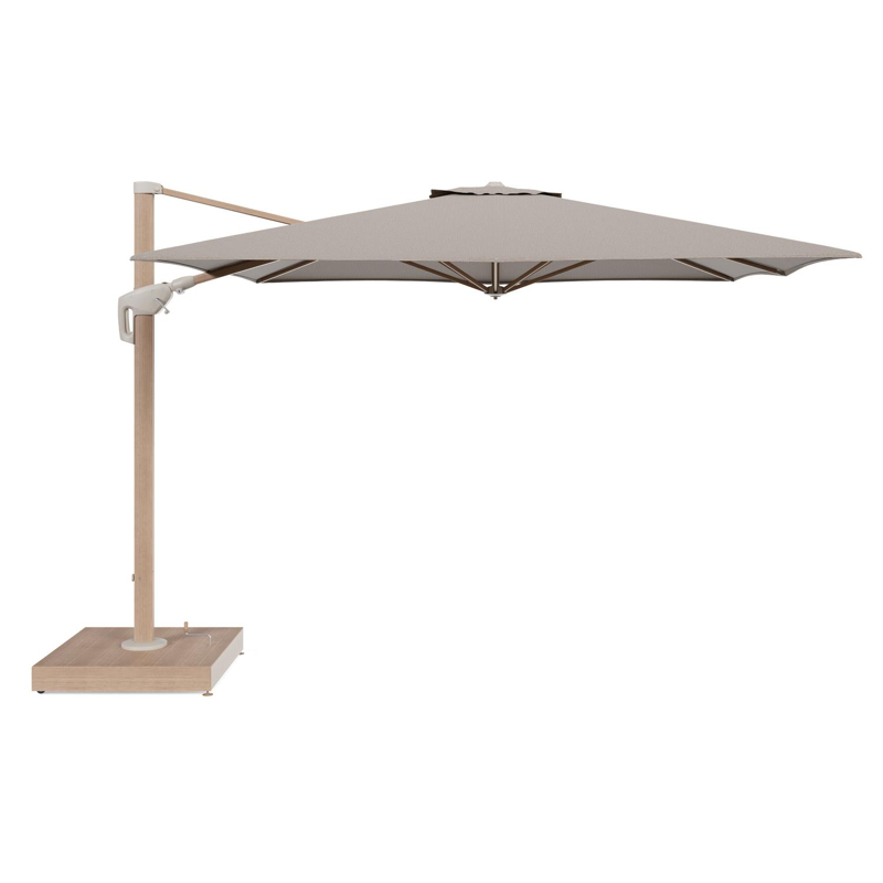 Minore zweefparasol met tiltfunctie in houtlook aluminium en Firenze Earth All Weather Solica parasoldoek - L1 350 x L2 350 cm met parasolvoet Minore 260 kg met wielen