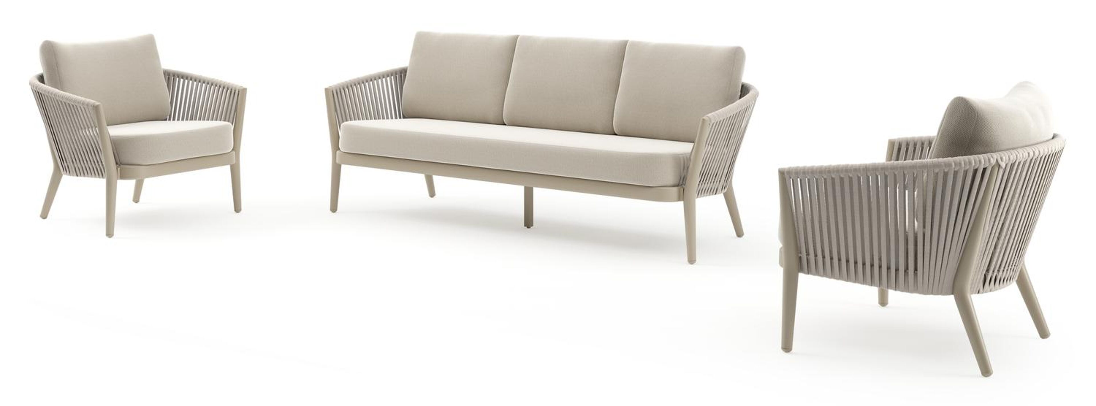 Salon de jardin Orso en aluminium beige en corde luxe plate tissée verticalement beige et coussins en all weather sunbrella® luxe Lopi Marble