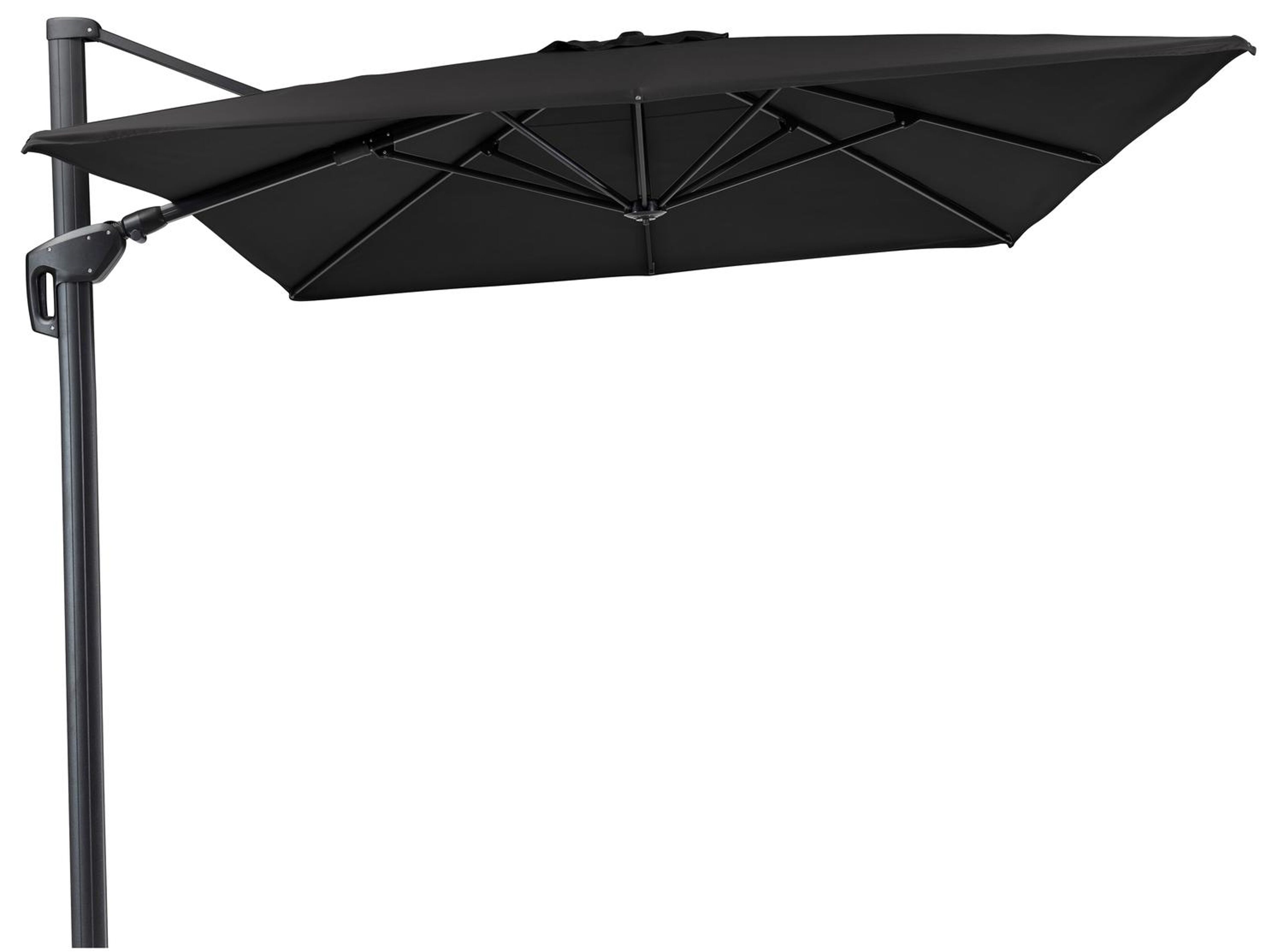 Parasol pendant Minore avec fonction tilt en aluminium noir avec toile de parasol en all weather sunbrella® luxe solid black - Larg1 300 x Larg2 400 cm (sans pied de parasol)
