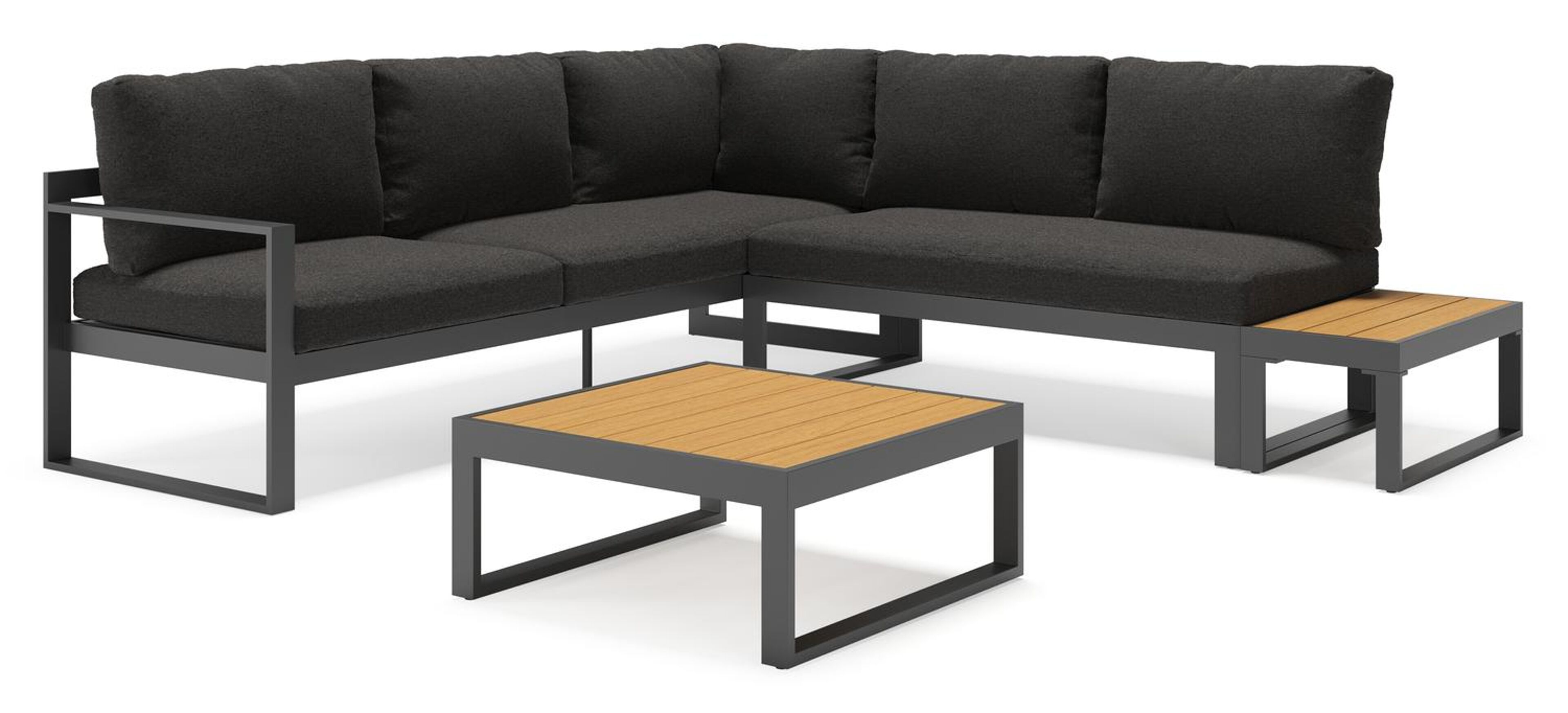 Salon de jardin Alcudia en aluminium noir et coussins en Weather+ Softtouch beige et table basse