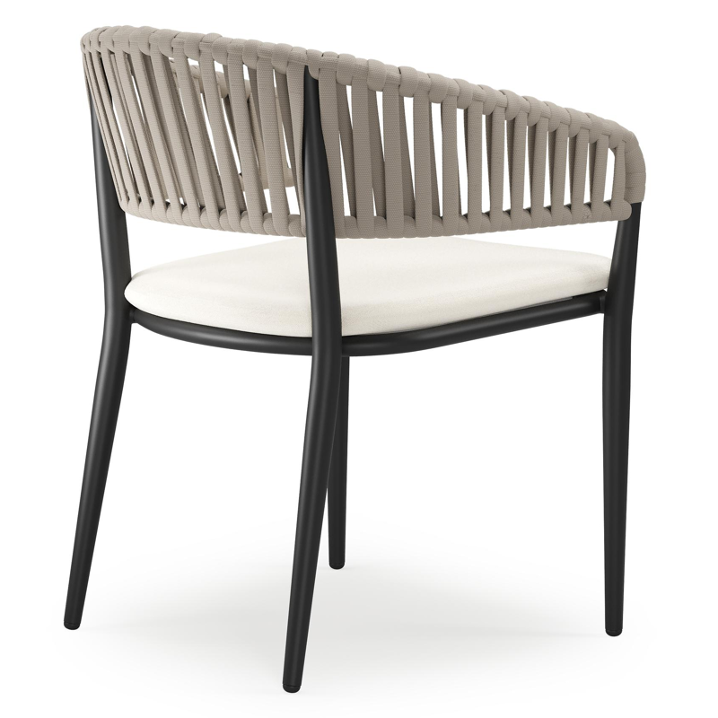 Tolfa stapelbare tuinstoel in zwart aluminium en beige verticaal geweven luxe vlakke brede rope met stoelkussen in All Weather Sunbrella® Luxe Natte White