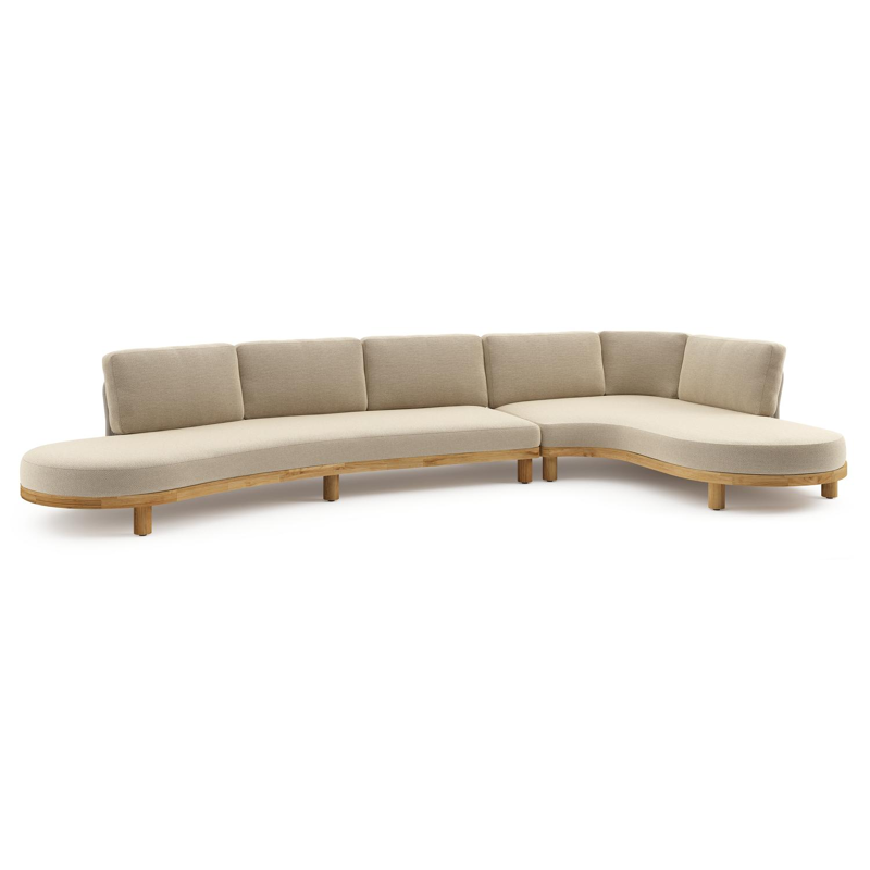 Donato loungehoek in teak en beige verticaal geweven ronde rope met all weather cosytica Althea Camel kussen